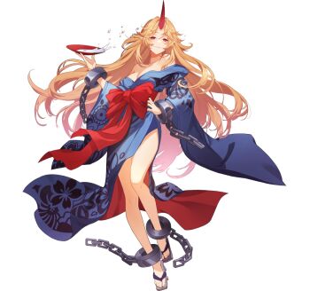 1girl alcohol artist_request bare_shoulders blonde_hair blue_kimono bow breasts chain cleavage closed_mouth cup drinking_glass floral_print floral_print_kimono full_body game_asset geta grey_sandals hand_on_own_hip holding holding_cup horns hoshiguma_yuugi hoshiguma_yuugi_(kimono) japanese_clothes kimono large_breasts long_hair long_sleeves looking_at_viewer non-web_source obi off_shoulder official_art oni pointy_ears print_kimono red_bow red_eyes red_horns sakazuki sake sandals sash self-datamine simple_background single_horn smile solo thighs toes touhou touhou_arcadia_record transparent_background very_long_hair wide_sleeves