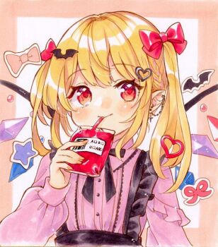 1girl alternate_costume alternate_hairstyle bat_hair_ornament black_ribbon blonde_hair blood blood_bag bow braid closed_mouth collared_shirt drinking flandre_scarlet frilled_shirt_collar frills hair_bow hair_ornament heart heart_hair_ornament holding inverted_cross_earrings long_sleeves looking_at_viewer marker_(medium) mimi_(mimi_puru) neck_ribbon one_side_up pink_bow pink_shirt red_bow red_eyes ribbon shirt smile solo touhou traditional_media upper_body wings