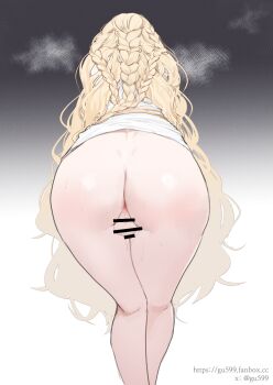 1boy anus ass ass_focus bar_censor bent_over blonde_hair braid censored charles_(gu599) commentary dimples_of_venus elden_ring english_commentary fanbox_username gradient_background grey_background highres kneepits long_hair male_focus miquella_(elden_ring) multiple_braids penis side_braid solo steaming_body sweat testicles trap twitter_username very_long_hair watermark web_address white_background