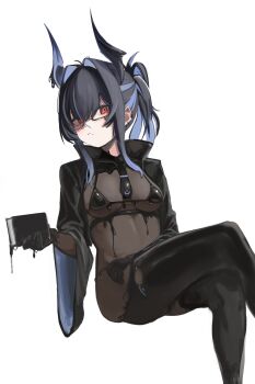 1girl absurdres bahamut_(nikke) black_boots black_gloves black_hair black_jacket black_liquid black_necktie bodystocking book boots breasts closed_mouth commentary crossed_legs earclip glasses gloves goddess_of_victory:_nikke grey_hair hair_between_eyes hair_intakes highres holding holding_book horns invisible_chair jacket latex_bikini liquid_clothes long_hair looking_at_viewer medium_breasts mole mole_under_mouth multicolored_hair necktie ponytail red_eyes see-through_cleavage see-through_clothes short_necktie sidelocks simple_background sitting solo sumi_(pixiv_123219118) thigh_boots white_background