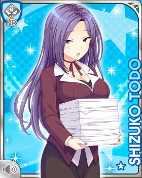 1girl blue_background breasts card character_name cleavage dress girlfriend_(kari) jacket large_breasts leggings long_hair looking_at_viewer matching_hair/eyes official_art open_mouth papers purple_eyes purple_hair purple_jacket qp:flapper shine solo standing tagme teacher todo_shizuko