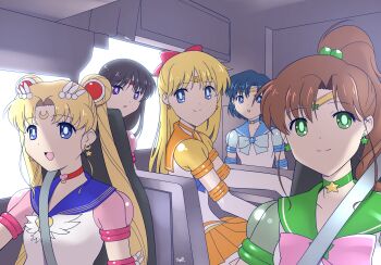 5girls :d aino_minako bishoujo_senshi_sailor_moon black_hair blonde_hair blue_bow blue_choker blue_eyes blue_hair blue_sailor_collar bow brooch brown_hair choker circlet closed_mouth crescent crescent_choker crescent_earrings double_bun earrings eternal_sailor_moon facial_mark forehead_mark green_choker green_eyes green_sailor_collar hair_bobbles hair_bun hair_ornament heart heart_choker highres himehachi_(hime8manga) hino_rei inner_senshi jewelry kino_makoto long_hair magical_girl miniskirt mizuno_ami multiple_girls open_mouth orange_choker orange_sailor_collar orange_skirt pink_bow pleated_skirt ponytail purple_eyes red_choker sailor_collar sailor_jupiter sailor_mars sailor_mercury sailor_moon sailor_senshi_uniform sailor_venus seatbelt shirt short_hair sitting skirt smile split_mouth star_(symbol) star_choker star_earrings super_sailor_jupiter_(stars) super_sailor_mars_(stars) super_sailor_mercury_(stars) super_sailor_venus_(stars) tsukino_usagi twintails vehicle_interior white_shirt wing_brooch