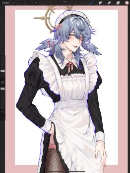 Rule 34 | 1boy, apron, art program in frame, black dress, black thighhighs, clothes lift, collared dress, crossdressing, crossdressing (mtf), dress, dress lift, frilled apron, frills, grey hair, hair between eyes, halo, halo behind head, hand on own hip, head wings, highres, honkai: star rail, honkai (series), lace, lace-trimmed thighhighs, lace trim, lifting own clothes, looking to the side, maid, maid apron, maid headdress, male focus, male maid, medium hair, rourouki, skirt, skirt lift, solo, sunday (honkai: star rail), thighhighs, white apron, wings