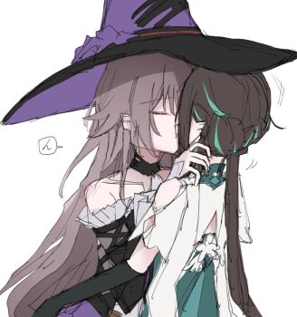 2girls bare_shoulders black_dress black_gloves blue_streaks brown_hair closed_eyes commentary dress elbow_gloves gloves hand_on_another&#039;s_shoulder hashtag-only_commentary hat herta_(honkai:_star_rail) highres honkai:_star_rail honkai_(series) kiss long_hair multiple_girls purple_hat ruan_mei_(honkai:_star_rail) sifro_ll simple_background the_herta_(honkai:_star_rail) white_background witch_hat yuri