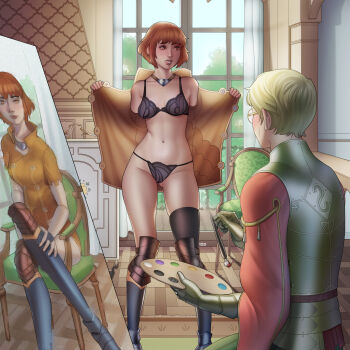 1boy 1girl armor armored_boots asymmetrical_legwear bare_shoulders black_bra black_panties black_thighhighs blush bob_cut boots bow bow_bra bra breasts carlos_vitor chair clothes_pull coat collarbone commentary commission commissioner_upload easel embarrassed english_commentary female_pubic_hair fire_emblem fire_emblem:_three_houses fire_emblem_warriors:_three_hopes flashing frown gauntlets glasses gluteal_fold green_hair highres holding holding_paintbrush ignatz_victor indoors jewelry knee_armor lace lace-trimmed_bra lace-trimmed_panties lace_trim leonie_pinelli lingerie medium_breasts naked_coat navel necklace nintendo official_alternate_costume official_alternate_hairstyle opened_by_self orange_eyes orange_hair paint_palette paint_splatter paintbrush painting_(object) panties portrait_(object) pubic_hair pussy sidelocks single_thighhigh sitting skindentation standing string_panties sweatdrop thighhighs thighs uncensored underwear window