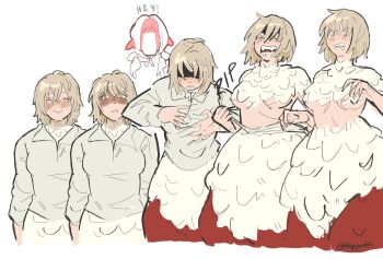 2girls angry blonde_hair blush body_fur breasts chimera cleavage dungeon_meshi ear_blush elf falin_touden falin_touden_(chimera) fangs feathers flapjastic full-face_blush highres marcille_donato medium_breasts monster_girl multiple_girls open_mouth partially_shaded_face pointy_ears sequential spoilers tearing_clothes torn_clothes underboob undressing white_feathers yellow_eyes