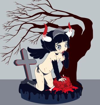 1girl angel_wings artist_request belly bikini bikini_bottom_only black_bikini black_hair black_socks black_wings blood blush_stickers bob_cut bone choker cross female_focus flat_chest full_body goth_fashion grave grey_eyes guro headband highres horns loli looking_at_viewer navel nipples socks solo striped_bikini striped_clothes swimsuit topless_female tree wings
