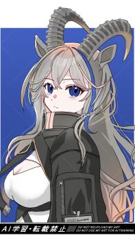 1girl akkord_(arknights) animal_ears arknights black_jacket blue_background blue_eyes blue_hair breasts cleavage cleavage_cutout closed_mouth clothing_cutout commentary_request dress english_text grey_hair hair_between_eyes highres horns jacket long_hair looking_at_viewer medium_breasts multicolored_hair signature solo streaked_hair touno_(akarino) upper_body very_long_hair watermark white_dress