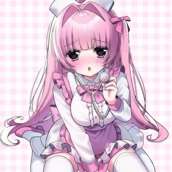 1girl apron arm_between_legs black_eyes blunt_bangs blush bow commentary frilled_apron frills furrowed_brow hair_bow hat holding holding_stethoscope long_hair long_sleeves nurse_cap one_side_up open_mouth original pink_apron pink_bow pink_hair pink_shoes plaid_background shirt shoes sitting solo stethoscope stethoscope_around_neck teeth thighhighs upper_teeth_only usausausabarasi wariza white_shirt white_thighhighs yami_kawaii