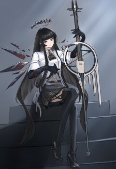 Rule 34 | 1girl, absurdres, arknights, ascot, belt, belt buckle, black ascot, black belt, black eyes, black gloves, black hair, black halo, black shoes, black skirt, black thighhighs, bow (music), buckle, collared shirt, detached wings, elbow gloves, full body, garter straps, gloves, grey background, halo, high heels, highres, holding, holding bow (music), holding instrument, instrument, lace, lace-trimmed skirt, lace trim, long hair, looking at viewer, music, playing instrument, shirt, shoes, sitting, skirt, smile, solo, thighhighs, very long hair, virtuosa (arknights), wanskuy, white shirt, wings, yellow pupils
