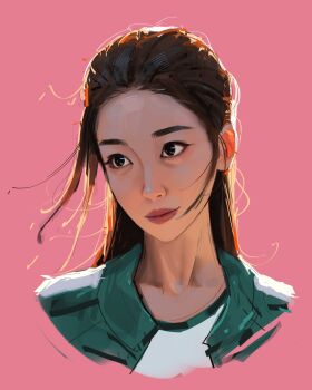 1girl black_eyes brown_hair character_request closed_mouth commentary cropped_shoulders green_track_suit highres jacket long_hair open_clothes open_jacket pink_background portrait red_lips sam_yang shirt simple_background solo squid_game track_suit white_shirt