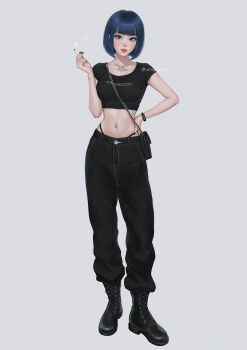 1girl black_boots black_nails black_shirt blue_hair bob_cut boots bracelet breasts cigarette collarbone commentary crop_top cropped_shirt full_body grey_background hand_on_own_hip head_tilt highres holding holding_cigarette jewelry looking_at_viewer medium_breasts midriff narrow_waist navel navel_piercing necklace original parted_lips piercing shirt short_hair simple_background smoke solo standing twitter_username umigraphics watermark