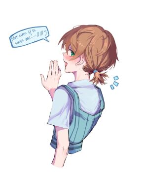 Rule 34 | 1girl, :d, blue dress, blue shirt, blush, brown hair, chinese commentary, collared shirt, colored speech bubble, commentary request, dress, embarrassed, english text, flying sweatdrops, from behind, green eyes, harumiya yukuri, highres, ikizulive! love live! bluebird, looking at viewer, looking back, love live!, low ponytail, open mouth, pinafore dress, pinstripe dress, pinstripe pattern, ponytail, profile, shirt, short ponytail, simple background, sleeveless, sleeveless dress, smile, solo, speech bubble, spoken blush, spoken flying sweatdrops, what is my life? (love live!), white background, yrxy settingsun