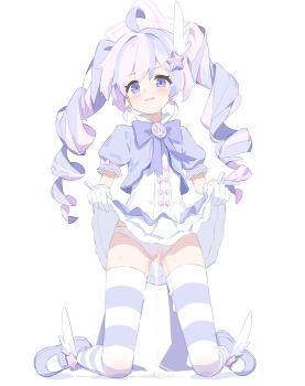 1girl absurdres ahoge blue_archive blush bow bowtie chinese_commentary clothes_lift commentary_request dress dress_lift drill_hair full_body gloves hair_ornament halo highres kneeling lifting_own_clothes long_hair looking_at_viewer magical_girl mary_janes multicolored_hair official_alternate_costume open_mouth panties pink_hair pink_halo puffy_short_sleeves puffy_sleeves purple_bow purple_eyes purple_hair purple_shoes purple_thighhighs pussy_juice pussy_juice_drip_through_clothes reisa_(blue_archive) reisa_(magical)_(blue_archive) shasha_(shasha159357) shoes short_sleeves simple_background solo star_(symbol) star_hair_ornament star_halo striped_clothes striped_thighhighs thighhighs twin_drills twintails two-tone_hair underwear white_background white_gloves white_panties wing_hair_ornament