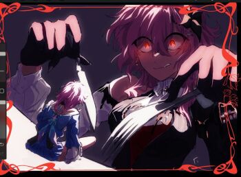 2girls black_dress black_gloves caitoayu commentary dress english_commentary evernight_(honkai:_star_rail) fork giant giantess gloves holding holding_fork holding_knife honkai:_star_rail honkai_(series) knife licking_lips long_sleeves march_7th_(honkai:_star_rail) mini_person minigirl multiple_girls pink_hair red_eyes sitting tongue tongue_out