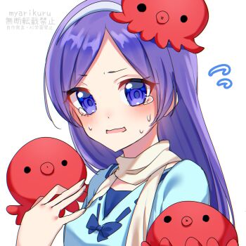 1girl aono_miki blue_bow blue_jacket blue_shirt blush bow commentary crying crying_with_eyes_open flying_sweatdrops fresh_precure! hashtag-only_commentary highres jacket long_hair looking_at_viewer myarikuru octopus open_mouth precure purple_eyes purple_hair scared scarf shirt solo solo_focus sweatdrop symbol-only_commentary tears tiara watermark white_background white_scarf white_tiara