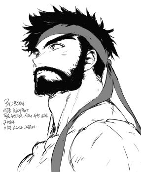 1boy adam's_apple bara beard connected_beard d_i_l_f_hunter facial_hair forked_eyebrows from_side full_beard greyscale headband highres huge_eyebrows korean_text looking_ahead male_focus monochrome ryu_(street_fighter) sketch solo street_fighter street_fighter_6 translation_request upper_body