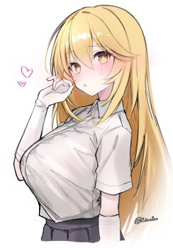 1girl adjusting_hair alternate_breast_size_(larger) blonde_hair blush breasts bright_pupils collared_shirt commentary_request elbow_gloves gloves grey_skirt highres huge_breasts long_hair looking_at_viewer nibo_shia school_uniform shirt shirt_tucked_in shokuhou_misaki short_sleeves skirt solo star-shaped_pupils star_(symbol) summer_uniform symbol-shaped_pupils toaru_majutsu_no_index tokiwadai_school_uniform twitter_username very_long_hair white_gloves white_pupils white_shirt yellow_eyes