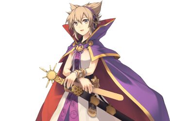 1girl blonde_hair bracelet cape dress earmuffs eho_(icbm) game_cg jewelry labyrinth_of_touhou_(series) labyrinth_of_touhou_tri looking_at_viewer non-web_source official_art open_mouth pointy_hair purple_cape red_cape ritual_baton sheath sheathed short_hair sleeveless sleeveless_dress smile solo sword touhou toyosatomimi_no_miko transparent_background two-sided_cape two-sided_fabric weapon yellow_dress yellow_eyes