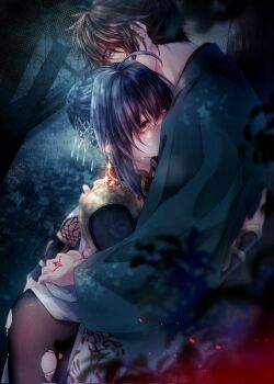 1boy 1other ahoge arm_guards black_hair black_pantyhose blue_eyes blue_kimono braid braided_bun command_spell dress earrings fate/samurai_remnant fate_(series) feminization hair_bun highres hug japanese_clothes jewelry kagami_53 kimono magatama magatama_earrings miyamoto_iori_(fate) necklace official_alternate_hairstyle other_with_male pantyhose shoulder_guard sidelocks sweat topknot torn_clothes torn_pantyhose watermark white_dress yamato_takeru_(fate) yamato_takeru_(phantasmal_dress)_(fate) yellow_eyes