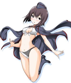 Rule 34 | 10s, 1girl, aoiakira553, bikini, bikini under clothes, black bikini, black boots, black hat, black jacket, blush, boots, breasts, cleavage, female focus, front-tie bikini top, front-tie top, full body, garrison cap, girls und panzer, hat, jacket, jacket on shoulders, jumping, kuromorimine military uniform, long sleeves, looking at viewer, medium breasts, military, military hat, military uniform, mismatched bikini, nishizumi maho, panzercrab, parted lips, short hair, solo, swimsuit, tanaka rie, voice actor connection, white bikini