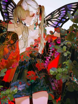 1girl ass black_shorts brown_hair butterfly_wings closed_mouth commentary floral_print highres insect_wings john_kafka long_hair original outstretched_arms overskirt shorts shorts_under_skirt simple_background solo spread_arms topless_female white_background wings