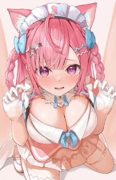 1girl absurdres ahoge animal_ears bell belt blue_bow blue_ribbon blush bow braid breasts cat_ears cat_girl cat_hair_ornament cleavage commentary dress extra_ears from_above garter_straps gloves hair_bow hair_ornament hairclip heart heart_print highres horo_27 indie_virtual_youtuber jingle_bell kneeling large_breasts long_hair looking_at_viewer lower_teeth_only maid maid_headdress neck_bell neck_ribbon open_mouth pink_dress pink_eyes pink_hair pink_lips ribbon shoes single_garter_strap single_thighhigh solo star_(symbol) star_hair_ornament suspenders teeth thigh_belt thigh_strap thighhighs thighs two_side_up undone_neck_ribbon upturned_eyes virtual_youtuber white_belt white_dress white_garter_straps white_gloves white_shoes white_thighhighs yuuki_sakuna yuuki_sakuna_(3rd_costume)