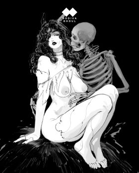 1girl 1other arm_support artist_logo artist_name black_background breasts breasts_apart choker closed_mouth collarbone curly_hair feet fingerless_gloves fingernails full_body gloves godiva_ghoul greyscale hair_over_one_eye hair_over_shoulder half-closed_eyes hand_on_another&#039;s_stomach highres horns knees knees_up large_areolae large_breasts lips lipstick logo long_fingernails long_hair looking_at_another makeup monochrome nipples nostrils nude original parted_lips puffy_nipples sharp_fingernails simple_background sitting skeleton stirrup_legwear teeth thighhighs toeless_legwear toenails toes torn_clothes wavy_hair