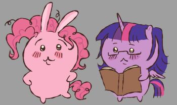 2girls animal_ears blush book chibi chibi_only chibikemo chiikawa commentary english_commentary furry furry_female grey_background holding holding_book horse_tail long_hair multiple_girls my_little_pony my_little_pony:_friendship_is_magic nagano_(grayparka)_(style) parody pink_hair pinkie_pie purple_hair rabbit_ears reading simple_background style_parody sunsetdirk tail twilight_sparkle winged_unicorn wings