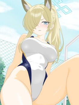 1girl absurdres blonde_hair blue_archive blue_eyes blue_halo blush breasts commentary_request extra_ears hair_over_one_eye halo highleg highleg_one-piece_swimsuit highres kanna_(blue_archive) kanna_(swimsuit)_(blue_archive) large_breasts long_hair looking_at_viewer majikichi915 official_alternate_costume official_alternate_hairstyle one-piece_swimsuit parted_lips sharp_teeth sidelocks solo swimsuit teeth textless_version white_one-piece_swimsuit
