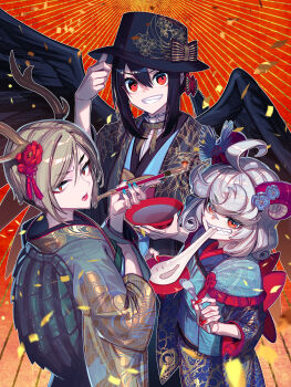 3girls :d ahoge alternate_costume anger_vein animal_realm_yakuza_(touhou) aqua_nails black_bow black_hair black_hat black_kimono black_wings blonde_hair blue_kimono bow chinese_zodiac commentary_request confetti cup dragon_horns eating fingernails flower food grey_hair grin hair_between_eyes hat hat_bow highres holding holding_cup holding_plate holding_smoking_pipe holding_spork horns japanese_clothes kicchou_yachie kimono kiseru kurokoma_saki long_sleeves looking_at_viewer mochi mochi_trail multiple_girls multiple_views open_mouth orange_background plate print_kimono red_eyes red_flower red_nails sakazuki sharp_fingernails sharp_teeth short_hair smile smoking_pipe spork teeth textless_version touhou toutetsu_yuuma turtle_shell v-shaped_eyebrows wide_sleeves wings zounose