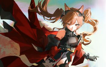 Rule 34 | 1girl, absurdres, angelina (arknights), animal ears, arknights, arknights: endfield, bare shoulders, black dress, black gloves, black thighhighs, brown eyes, brown hair, camera, closed mouth, commentary, dress, gilberta (arknights), gloves, highres, holding, holding camera, jacket, long hair, open clothes, open jacket, red jacket, solo, thighhighs, twintails, yoru (yorumi)