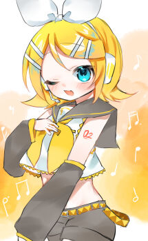 1girl black_sailor_collar black_shorts black_sleeves blonde_hair blue_eyes bow breasts commentary_request detached_sleeves hair_bow hair_ornament hairclip headphones highres kagamine_rin mononosumi neckerchief one_eye_closed open_mouth parallel_hairclips sailor_collar shirt short_hair shorts sleeveless sleeveless_shirt small_breasts treble_clef vocaloid white_bow yellow_neckerchief yellow_trim