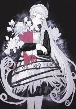 1girl absurdres apron arknights black_background black_dress blunt_bangs chinese_commentary closed_mouth commentary_request cowboy_shot cross_scar dress earrings flower grey_eyes grey_hair gumiaoandpeace head_wings highres holding irene_(arknights) irene_(voyage_of_feathers)_(arknights) jewelry long_hair long_sleeves looking_at_viewer maid maid_headdress official_alternate_costume scar scar_across_eye scar_on_face solo standing very_long_hair white_apron white_flower wings