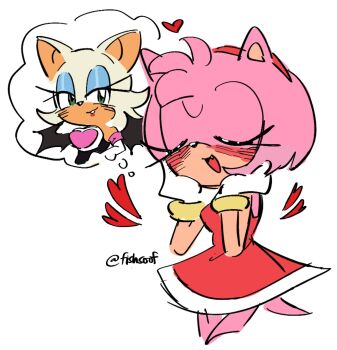 2girls amy_rose animal_ears bat_ears bat_girl bat_wings blue_eyeshadow blush closed_eyes commentary dress english_commentary eyeshadow fishsoof furry furry_female gloves green_eyes hairband hand_on_own_face heart highres imagining makeup multiple_girls pink_fur red_dress red_hairband rouge_the_bat signature smile sonic_(series) speech_bubble tail thought_bubble white_fur white_gloves wings yuri