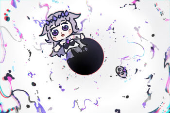 Rule 34 | 1girl, 1other, abstract background, bing huyue, blush stickers, chest jewel, chibi, commentary, english commentary, gem, gem hair ornament, hair flaps, highres, hololive, hololive english, koseki bijou, koseki bijou (1st costume), open mouth, pebble (koseki bijou), purple eyes, purple gem, purple hair, virtual youtuber