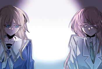 Rule 34 | 2girls, bang dream!, bang dream! it's mygo!!!!!, blue eyes, brown hair, chihaya anon, commentary, green necktie, grey eyes, grey hair, grey jacket, haneoka school uniform, hashtag-only commentary, jacket, long hair, multiple girls, nagasaki soyo, necktie, pink hair, school uniform, tsukinomori school uniform, upper body, z akane890