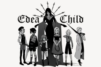 3girls 4boys aged_down alternate_costume arms_out bandage_on_face bandage_over_one_eye bandaged_arm bandaged_hand bandaged_leg bandaged_neck bandages black_dress black_gloves black_hair black_ribbon bob_cut boots breasts newsboy_cap chinese_commentary claws cleavage coat collarbone collared_dress commentary_request dress dress_shirt edea_kramer english_text expressionless facing_to_the_side fermium.ice final_fantasy final_fantasy_viii frilled_dress frills full_body glaring glasses gloves grey_background gun gunblade hair_over_one_eye hair_ribbon hand_up happy hat high_collar highres hobble_dress holding holding_gun holding_nunchaku holding_sword holding_weapon holding_whip irvine_kinneas jacket legwear_garter light_smile long_dress long_hair long_sleeves looking_at_viewer looking_down looking_to_the_side low_ponytail medium_hair monochrome multiple_boys multiple_girls necktie nunchaku open_mouth over_shoulder parted_bangs ponytail quistis_trepe ribbon rifle round_eyewear seifer_almasy selphie_tilmitt shirt shoes short_dress short_hair shorts simple_background sleeveless sleeveless_dress smile spiked_hair spot_color squall_leonhart standing striped_clothes striped_dress suspender_shorts suspenders sweater_vest sword thigh_boots thighhighs vest victorian wavy_hair weapon weapon_over_shoulder wide_sleeves zell_dincht