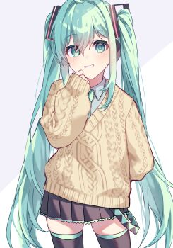 1girl absurdres aqua_eyes aqua_hair aqua_necktie blue_eyes hair_ornament hatsune_miku headphones highres knit_sweater kurobikari long_hair looking_at_viewer necktie shirt simple_background skirt smile solo sweater thighhighs twintails vocaloid