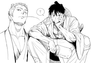 2boys ? boned_meat commentary_request earrings facial_scar feet_out_of_frame food gimgyeon_(dog_0987) hair_knot hand_on_own_face hat hat_on_back highres holding holding_food japanese_clothes jewelry katana kimono korean_commentary lineart looking_at_viewer male_focus meat monkey_d._luffy mouth_hold multiple_boys one_piece patchwork_clothes pectoral_cleavage pectorals roronoa_zoro scar scar_on_cheek scar_on_chest scar_on_face sheath sheathed short_hair sideburns single_earring speech_bubble spoken_question_mark squatting stalk_in_mouth straw_hat sword toned toned_male upper_body weapon