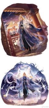 1girl 2boys :d absurdres aerial_fireworks age_difference ahoge alternate_costume architecture balcony bird black_boots black_hanfu black_robe blonde_hair blue_coat boots brother_and_sister building child chinese_clothes chinese_commentary closed_mouth coat curtained_hair daxiushan dragon dual_persona east_asian_architecture eastern_dragon facial_mark fiery_hair fireworks fireworks_print floating forehead_mark full_body gold_necklace gradient_coat hagoromo hair_rings hanfu high_ponytail highres jewelry long_hair long_sleeves looking_at_viewer loong-feng_pair_(the_tale_of_food) male_focus multiple_boys neck_tassel necklace night official_art open_clothes open_coat open_hand open_mouth orange_hair outstretched_arms parted_bangs parted_lips phoenix pillar ponytail ribbon ribboned_xiao_guan robe sash see-through_ribbon shawl shooting_star short_hair siblings sidelocks simple_background smile smirk sparkler spread_arms standing tassel the_tale_of_food triangle_mouth twins twintails waist_sash watermark wei_qing_jun weibo_watermark white_background white_coat white_ribbon white_sash white_shawl wide_ponytail wide_sleeves xiao_guan_(headdress) yaopei yellow_eyes