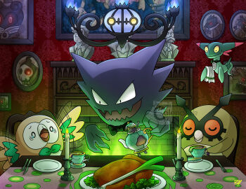 artist_name banette black_bow black_bowtie blue_fire bow bowtie bust_(sculpture) candle candlestand chair chandelure closed_eyes commentary corviknight corvisquire cup ditto dreepy duskull english_commentary fire fireplace flailing food fork gen_1_pokemon gen_2_pokemon gen_3_pokemon gen_5_pokemon gen_7_pokemon gen_8_pokemon green_fire haunter holding holding_pokemon holding_teapot hoothoot indoors knife legendary_pokemon marshadow misdreavus motion_blur mythical_pokemon nintendo no_humans o_o open_mouth photo_(object) picture_frame pikachu plate pokemon pokemon_(creature) pokemon_dppt pokemon_focus pokemon_rgby pokemon_xy polteageist professor_oak professor_rowan professor_sycamore rayman_limbs rowlet scared signature sinistea spoon spring_onion teacup teapot tearing_up thecalendork transformed_ditto v-shaped_eyes watermark