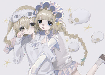 Rule 34 | 2girls, bandaid, bandaid on face, bandaid on nose, blonde hair, braid, closed mouth, commentary, crossed bandaids, frilled hairband, frills, hairband, hayu (hayu0305), highres, hug, long hair, long sleeves, looking at viewer, mask, mask on head, miniskirt, multiple girls, open mouth, original, pleated skirt, rubbing eyes, sheep, shirt, skirt, sleep mask, sweater vest, symbol-only commentary, twin braids, twintails, white shirt