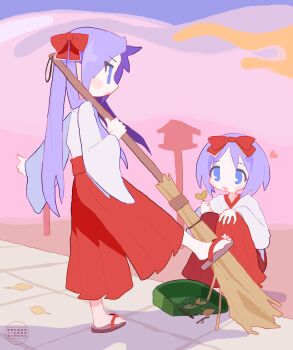2girls absurdres blue_eyes blush bow brick_floor broom dustpan hair_bow hakama hand_on_own_knee heart highres hiiragi_kagami hiiragi_tsukasa holding holding_broom holding_leaf japanese_clothes lantern leaf long_hair lucky_star miko multiple_girls noniha pink_sky purple_hair red_bow red_hakama sandals shadow short_hair siblings sisters sky squatting tareme tsurime twins twintails zouri