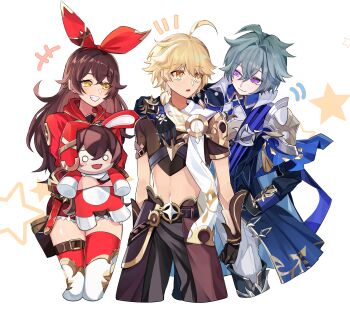 +++ 1girl 2boys absurdres aether_(genshin_impact) ahoge amber_(genshin_impact) animal_ears arm_armor arm_over_shoulder arm_up armor bag baggy_pants baron_bunny_(genshin_impact) belt black_belt black_gloves black_pants blonde_hair blue_jacket blue_shirt blush boots bow_hairband braid brown_armor brown_bag brown_hair brown_shirt cape character_doll clenched_hands closed_mouth collared_shirt commentary_request cowboy_shot crossed_bangs doll earrings empty_eyes fake_animal_ears feather_earrings feathers genshin_impact gloves gold_armor gold_trim green_hair hair_between_eyes hair_intakes hairband hand_on_own_hip highres hood hooded_jacket huge_ahoge hugging_doll hugging_object jacket jewelry lohen_(genshin_impact) long_hair long_sleeves looking_at_another low-braided_long_hair low-tied_long_hair midriff mole mole_under_eye multiple_boys navel notice_lines open_mouth pants purple_cape purple_eyes rabbit_ears raimu_(raimuo_illust) red_belt red_hairband red_jacket red_ribbon red_shorts red_thighhighs ribbon scarf shirt short_hair short_shorts short_sleeves shorts shoulder_armor simple_background single_braid single_earring smile standing star_(symbol) teeth thigh_boots thigh_strap thighhighs thighs white_armor white_background white_boots white_pants white_scarf yellow_eyes zettai_ryouiki