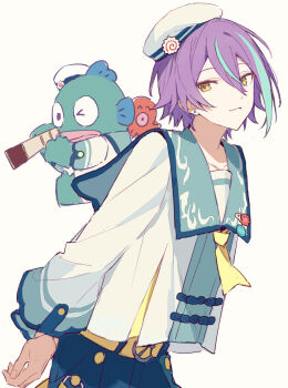 1boy asymmetrical_sidelocks belt blue_hair closed_mouth crossover double-parted_bangs earrings hair_between_eyes hangyodon hat highres holding holding_telescope jewelry kamishiro_rui kino_kazumi long_sleeves male_focus multicolored_hair octopus official_alternate_costume one_eye_closed project_sekai purple_hair sailor_collar sanrio short_hair sidelocks sideways_glance simple_background smile streaked_hair stud_earrings telescope two-tone_hair upper_body white_background yellow_belt yellow_eyes