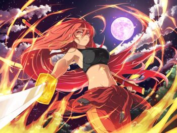 1girl armpits black_sports_bra breasts closed_mouth clothes_around_waist cloud cloudy_sky dark-skinned_female dark_skin fire forest full_moon groin hair_between_eyes holding holding_sheath holding_sword holding_weapon homura_(senran_kagura) jacket jacket_around_waist katana large_breasts linea_alba long_hair looking_at_viewer moon nature navel night night_sky official_alternate_eye_color official_alternate_hairstyle official_art ootachi pants plant purple_ribbon pyrokinesis red_eyes red_hair red_jacket red_pants red_track_suit ribbon saya_(scabbard) senran_kagura senran_kagura_new_link senran_kagura_shoujo-tachi_no_shin&#039;ei sheath sky solo sports_bra star_(sky) starry_sky sword tan toned track_suit tree tsuba_(guard) unsheathed very_long_hair weapon yaegashi_nan