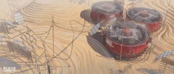 1girl bodysuit cable commentary_request desert english_text from_above gloves highres holding on_one_knee original outstretched_hand panels pole sand scaffolding scenery shadow shuiyaoximushi sign solo ventilator white_bodysuit
