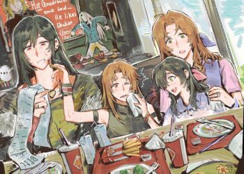 ... aerith_gainsborough armband black_hair black_shirt blue_ribbon blue_shirt bracelet brown_hair child cloud_strife couple crossdressing crossdressing_(mtf) cup disposable_cup dress dress_under_shirt drinking_straw family final_fantasy final_fantasy_vii food forced_smile fork french_fries fur-trimmed_jacket fur_trim green_eyes green_shirt grey_hair hair_between_eyes hair_ribbon hand_on_another&#039;s_shoulder if_they_mated jacket jacket_partially_removed jeremr jewelry long_hair mother_and_daughter necklace one_eye_closed open_mouth parted_bangs pink_dress pink_ribbon plate receipt red_eyes restaurant ribbon ring sephiroth shirt short_sleeves sidelocks sleeveless sleeveless_turtleneck smile spoken_ellipsis sweatdrop tifa_lockhart turtleneck upper_body wiping_face yuri