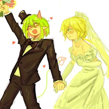 2girls alternate_costume angel bare_shoulders black_bow black_bowtie black_jacket black_pants black_suit black_vs_white blonde_hair blue_eyes blush bouquet bow bowtie breasts bridal_veil bride cleavage closed_eyes demon_girl demon_horns dress dummamay female_focus flower froze_(funamusea) funamusea glasses gloves green_hair groom haiiro_teien hashtag-only_commentary hat heart highres holding_hands horns jacket long_hair medium_breasts multiple_girls open_mouth pants pointy_ears red-framed_eyewear see-through_clothes see-through_veil semi-rimless_eyewear short_hair simple_background smile standing suit tail top_hat tuxedo veil walking wedding wedding_dress white_background white_dress wife_and_wife yosafire_(funamusea) yuri